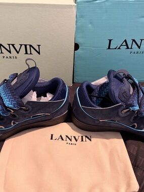 Lanvin Men’s Dark Blue Suede Sneakers with Light Blue Trim
